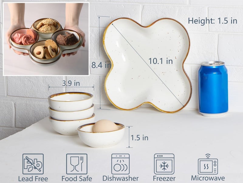 Onemore Chip and Dip Serving Set, 8.5 inch Speckled Ceramic Divided Serving Platter Small Appetizer Tray with 4 Removable Dishes for Nuts, Candy, Snacks, Veggies, Rustic Serving Bowls for Entertaining - Image 2